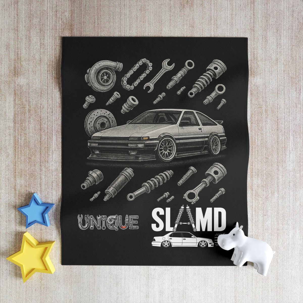 Car Parts Throw Blanket — "Unique Slow and Loud" Retro JDM Drift Blanket for Car Enthusiasts