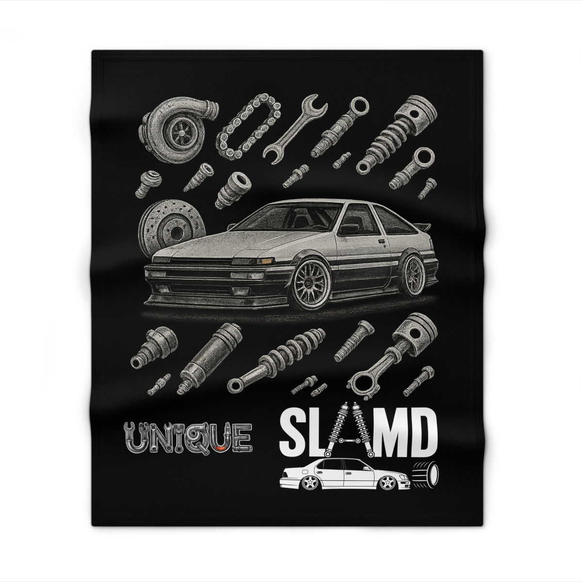 Car Parts Throw Blanket — "Unique Slow and Loud" Retro JDM Drift Blanket for Car Enthusiasts