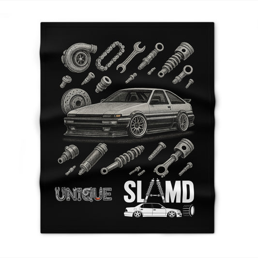 Car Parts Throw Blanket — "Unique Slow and Loud" Retro JDM Drift Blanket for Car Enthusiasts